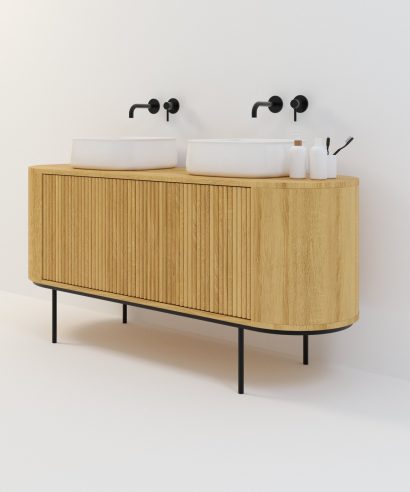 Waschtisch aus Holz, Waschtischschrank aus Eiche, Massivholzmöbel vom Schreiner, glamour, Boho, modern, Art Deco, echtes Holz, skandinavisch Design, Holz, massiv Holz, Eichenholz, Massmöbel, luxus möbel, moderne möbel, designermöbel, design möbel online shop, edle möbel, Exklusive Möbel, Echtholz, Echtholzmöbel, Waschtischunterschrank aus Eiche, Geriffelte Tür, Schrank mit abgerundeten Seiten, gebogene Seitenm, Badezimmerschrank mit geschwungenen Seiten, geriffelter Badezimmerschrank