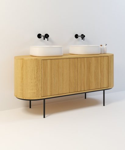 Waschtisch aus Holz, Waschtischschrank aus Eiche, Massivholzmöbel vom Schreiner, glamour, Boho, modern, Art Deco, echtes Holz, skandinavisch Design, Holz, massiv Holz, Eichenholz, Massmöbel, luxus möbel, moderne möbel, designermöbel, design möbel online shop, edle möbel, Exklusive Möbel, Echtholz, Echtholzmöbel, Waschtischunterschrank aus Eiche, Geriffelte Tür, Schrank mit abgerundeten Seiten, gebogene Seitenm, Badezimmerschrank mit geschwungenen Seiten, geriffelter Badezimmerschrank
