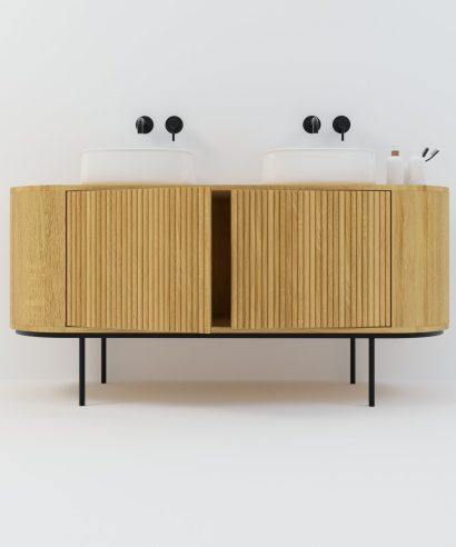 Waschtisch aus Holz, Waschtischschrank aus Eiche, Massivholzmöbel vom Schreiner, glamour, Boho, modern, Art Deco, echtes Holz, skandinavisch Design, Holz, massiv Holz, Eichenholz, Massmöbel, luxus möbel, moderne möbel, designermöbel, design möbel online shop, edle möbel, Exklusive Möbel, Echtholz, Echtholzmöbel, Waschtischunterschrank aus Eiche, Geriffelte Tür, Schrank mit abgerundeten Seiten, gebogene Seitenm, Badezimmerschrank mit geschwungenen Seiten, geriffelter Badezimmerschrank