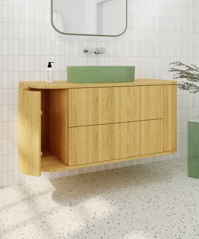Hängend Waschtisch Waschtisch aus Holz, Waschtischschrank aus Eiche, Massivholzmöbel vom Schreiner, glamour, Boho, modern, Art Deco, echtes Holz, skandinavisch Design, Holz, massiv Holz, Eichenholz, Massmöbel, luxus möbel, moderne möbel, designermöbel, design möbel online shop, edle möbel, Exklusive Möbel, Echtholz, Echtholzmöbel, Waschtischunterschrank aus Eiche, Geriffelte Tür, Schrank mit abgerundeten Seiten, gebogene Seitenm, Badezimmerschrank mit geschwungenen Seiten, geriffelter Badezimmerschrank