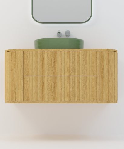 Hängend Waschtisch Waschtisch aus Holz, Waschtischschrank aus Eiche, Massivholzmöbel vom Schreiner, glamour, Boho, modern, Art Deco, echtes Holz, skandinavisch Design, Holz, massiv Holz, Eichenholz, Massmöbel, luxus möbel, moderne möbel, designermöbel, design möbel online shop, edle möbel, Exklusive Möbel, Echtholz, Echtholzmöbel, Waschtischunterschrank aus Eiche, Geriffelte Tür, Schrank mit abgerundeten Seiten, gebogene Seitenm, Badezimmerschrank mit geschwungenen Seiten, geriffelter Badezimmerschrank