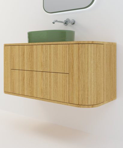 Hängend Waschtisch Waschtisch aus Holz, Waschtischschrank aus Eiche, Massivholzmöbel vom Schreiner, glamour, Boho, modern, Art Deco, echtes Holz, skandinavisch Design, Holz, massiv Holz, Eichenholz, Massmöbel, luxus möbel, moderne möbel, designermöbel, design möbel online shop, edle möbel, Exklusive Möbel, Echtholz, Echtholzmöbel, Waschtischunterschrank aus Eiche, Geriffelte Tür, Schrank mit abgerundeten Seiten, gebogene Seitenm, Badezimmerschrank mit geschwungenen Seiten, geriffelter Badezimmerschrank